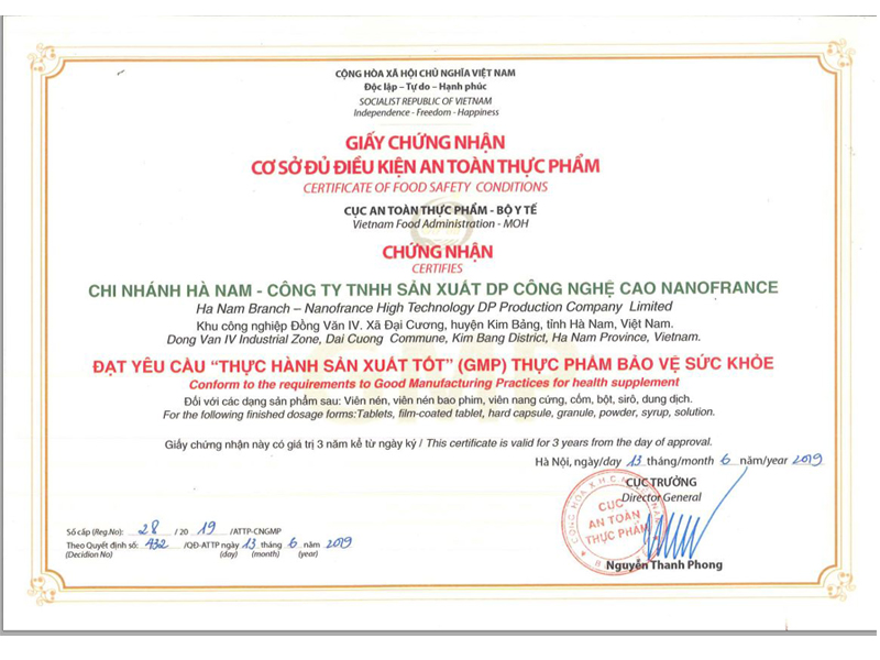 giấy chứng nhận nhà máy đạt chuẩn GMP của NanoFrance
