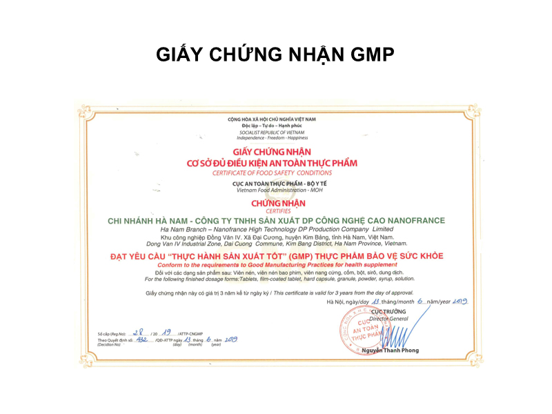 giấy chứng nhận GMP của NanoFrance